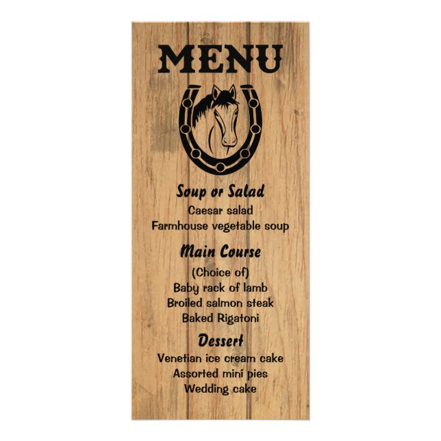 Western Menu Pferd Brown Wood Country Wedding Werbekarte (Vorne)