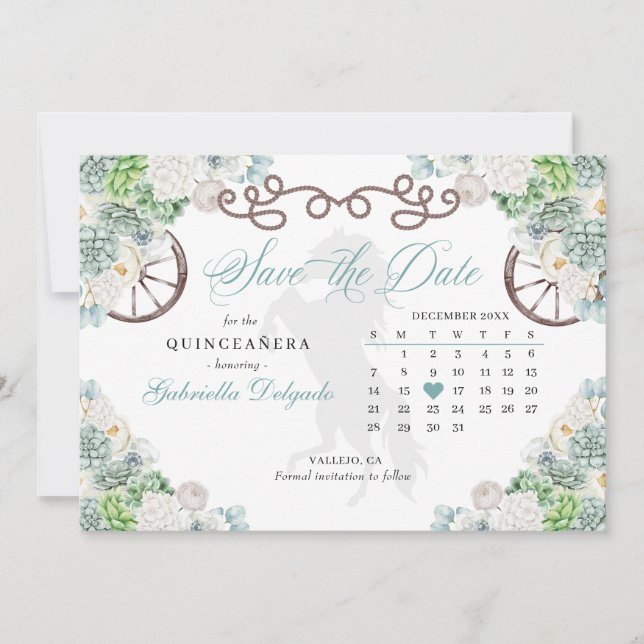 Western Mint Green Cacti Quinceañera Save the Date Einladung (Vorderseite)