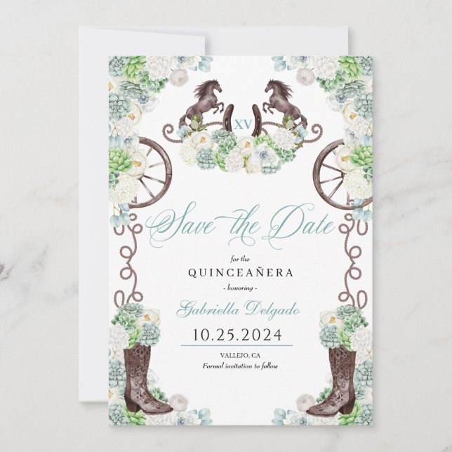 Western Mint Green Cacti Save the Date Quinceañera Einladung (Vorderseite)