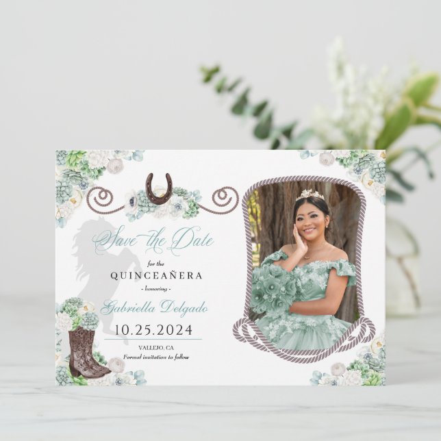 Western Mint Green Quinceañera Save the Date Foto Einladung (Stehend Vorderseite)