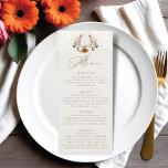 Western mit bläserner Färbung Menükarte<br><div class="desc">Genießen Sie eine traumhafte Reise mit unserem Western-Aquarell Blumenkohl Country elegantes Hochzeitsmenü. Hier trifft der Western auf den anmutigen Charme böhmischer Blumen. Eine harmonische Mischung unserer handbemalten Aquarellblumen, die in eleganten Bohfarben blühen und die Wärme eines wüstenartigen Sonnenuntergangs und die sanfte Romantik einer Landwiese hervorrufen. Inmitten üppiger Vegetation mit einer...</div>