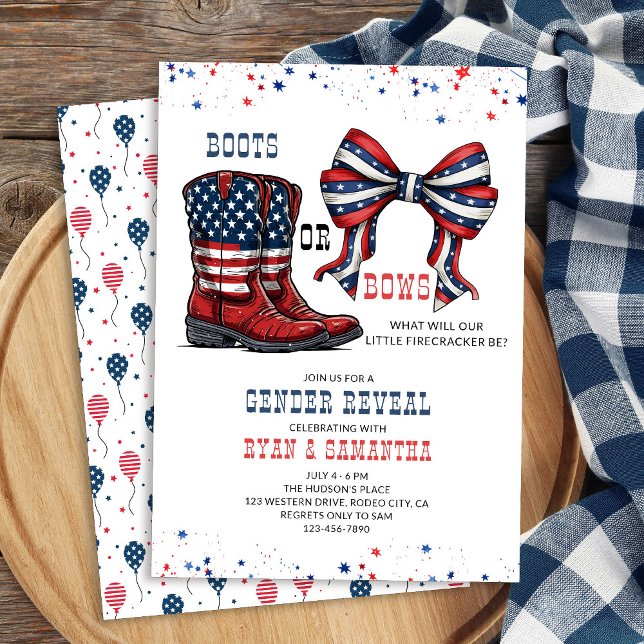 Western mit Stiefeln oder Bows Red White Blue Gend Einladung (Western Cowboy Boots or Bows Red White and Blue Gender Reveal Invitation)