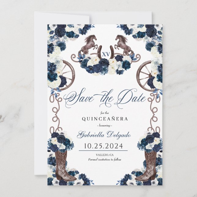 Western Navy Blue Charro Save the Date Quinceañera Einladung (Vorderseite)