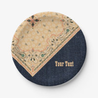 Western Paisley Gold Bandana Print Denim Party 7"