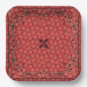 Western Paisley Red Bandana Print Party 9" Sq Pappteller