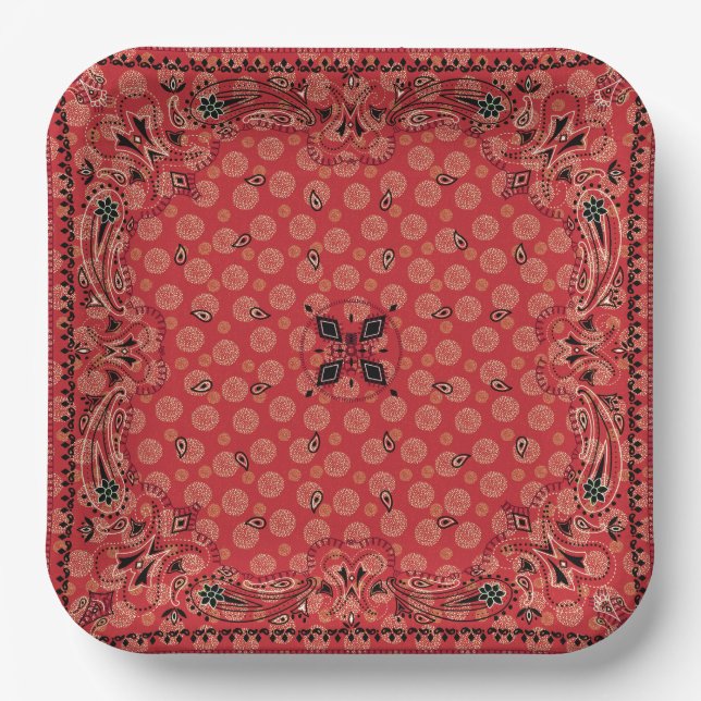Western Paisley Red Bandana Print Party 9" Sq Pappteller (Vorderseite)