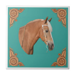 Western Palomino Pferd mit Lederecken Fliese