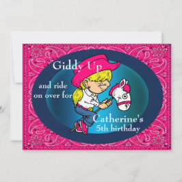 Western Party Cartoon Cowgirl auf Stick Pferd Einladung