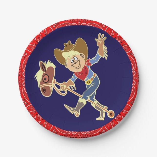 Western Party Cowboy auf Stick Pferd Red Bandana Pappteller (Vorderseite)