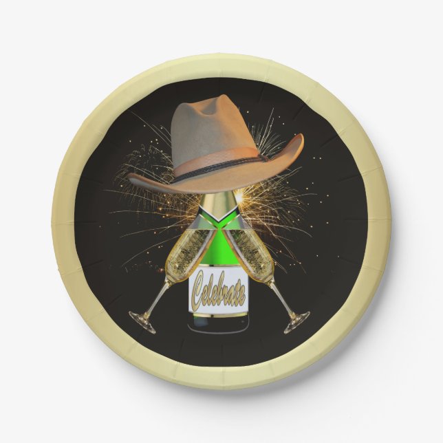 Western Party Cowboy Hat Champagne Feuerwerk Platt Pappteller (Vorderseite)