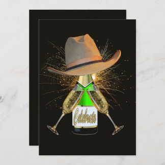 Western Party Cowboy Hat Champagne Fireworks Invit Einladung