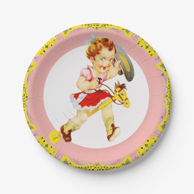 Western Party Cowgirl auf Stick Rosa Gelb Pappteller (Vorderseite)