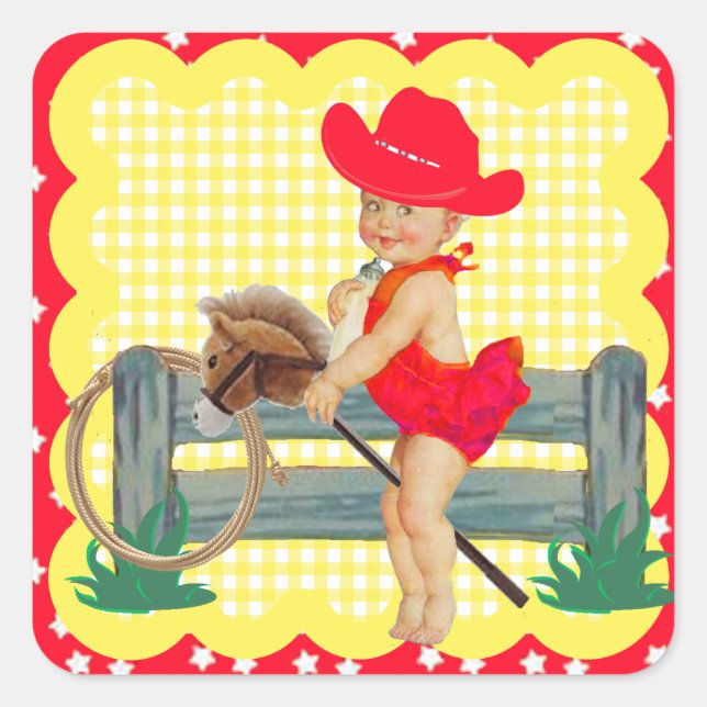 Western Party Cowgirl auf Stick-Sticker Quadratischer Aufkleber (Vorderseite)
