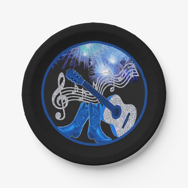 Western Party Gitarre und Blue Cowboy Stiefel Tell Pappteller (Vorderseite)