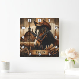 Western Pferd mit Cowboy-Hut neben Barn Sunset Quadratische Wanduhr