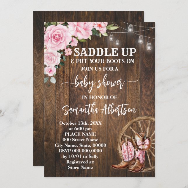 Western Pink Baby Dusche Country Boots Einladung (Vorne/Hinten)