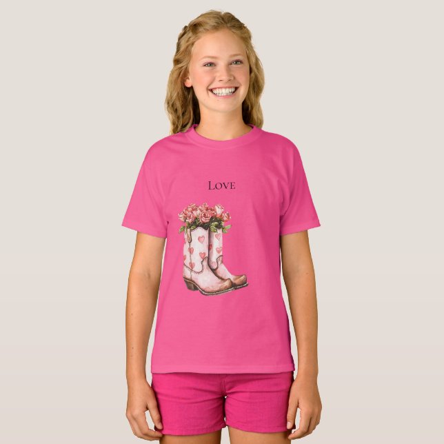 Western Pink Cowgirl Blumenstiefel T-Shirt (Vorne ganz)