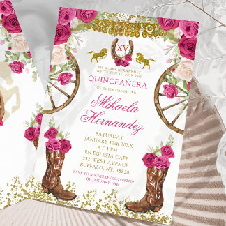 Western Pink Fuchsia Floral Boots Quinceañera Einladung