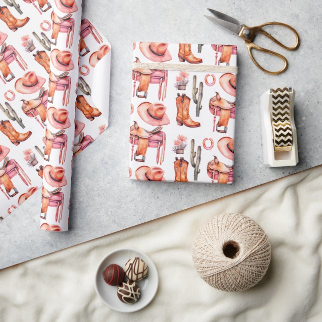 Western Pink Orange Cowgirl Wrapping Paper Geschenkpapier (Kunsthandwerk)