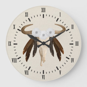 Western Prairie Floral Cow Skull Roman Numerals Große Wanduhr