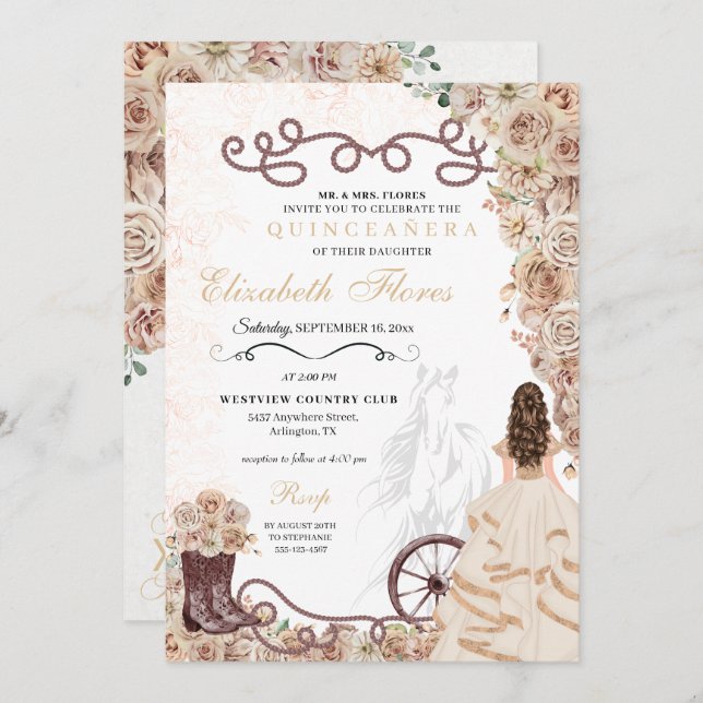 Western Princess Charro Quinceañera Einladung (Vorne/Hinten)