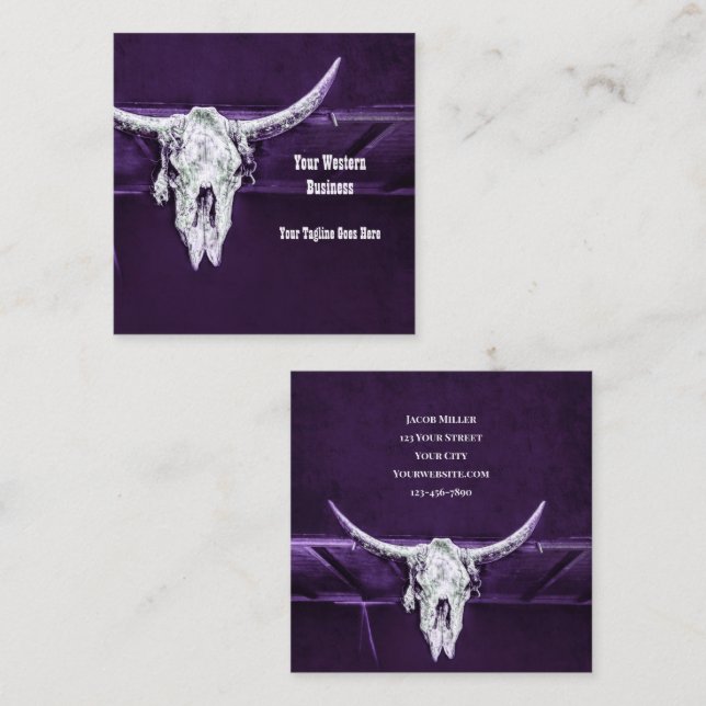 Western Purple White Rustic Bull Cow Skull Barn Quadratische Visitenkarte (Vorne/Hinten)