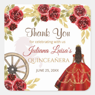 Western Quinceañera Bloral Red Gold Charra Crown Quadratischer Aufkleber