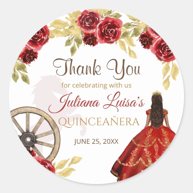 Western Quinceañera Red Gold Charra Crown Horses Runder Aufkleber (Vorderseite)