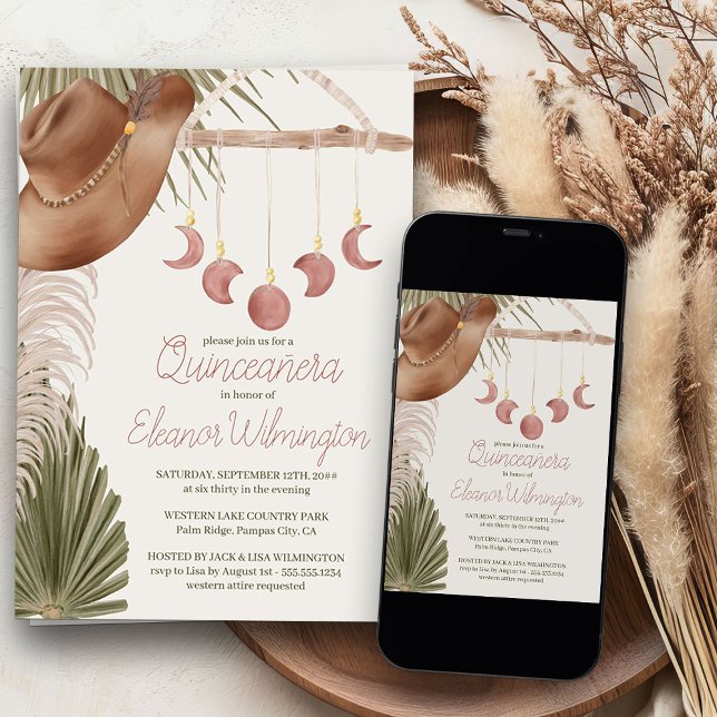 Western Quinceanera Rustic Boho Pampas Grass Einladung (Quinceanera invitations from my Western Boho Quinceanera Collection)