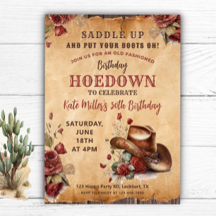 Western Red Floral Cowgirl Birthday Hoedown Einladung