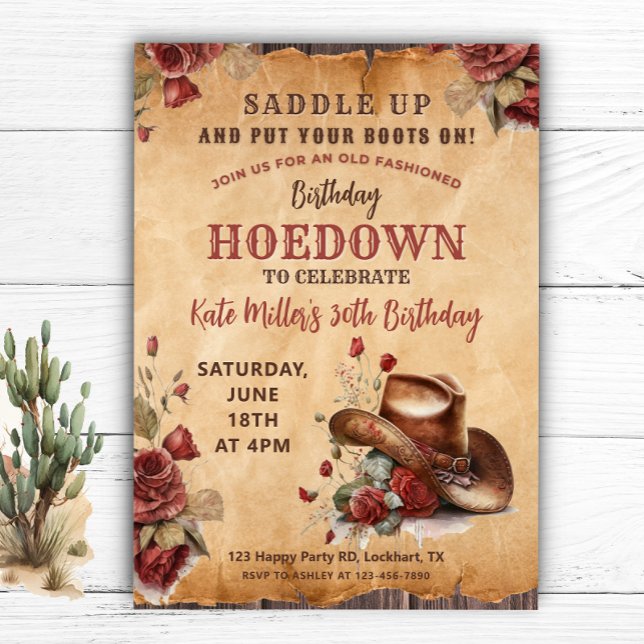 Western Red Floral Cowgirl Birthday Hoedown Einladung (Von Creator hochgeladen)