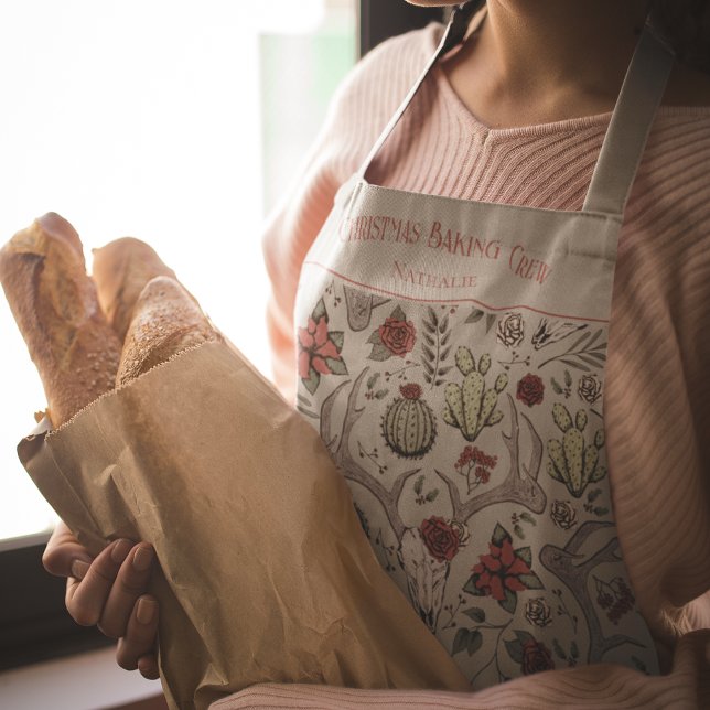 Western Reindeer Ranch Weihnachtsgebäck Crew Schürze (Christmas Baking Crew Personalized Xmas Apron. Hand-Drawn Western Pattern. Reindeer Antlers & Cactus)
