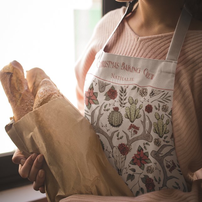 Western Reindeer Ranch Weihnachtsgebäck Crew Schürze (Christmas Baking Crew Personalized Xmas Apron. Hand-Drawn Western Pattern. Reindeer Antlers & Cactus)