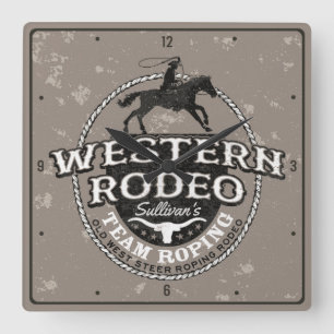 Western Rodeo ADD NAME Old West Steer Roping  Quadratische Wanduhr