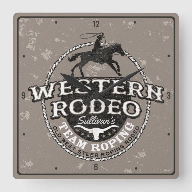 Western Rodeo ADD NAME Old West Steer Roping  Quadratische Wanduhr (Vorderseite)