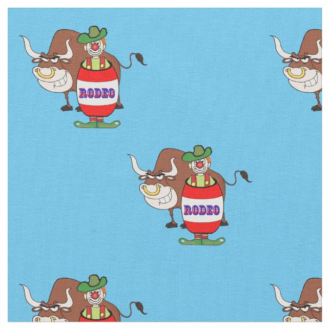 Western-Rodeo-Clown im Fass und in Stier-Cartoon Stoff (Nahaufnahme)