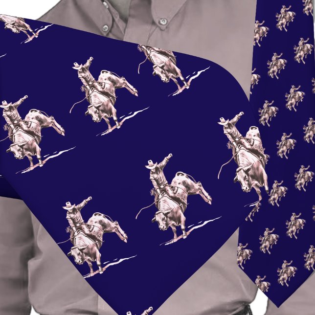 Western Rodeo Cowboy Bull Reitstall Bronze auf bla Krawatte (Western Rodeo Cowboy Bull Rider Men's Necktie)