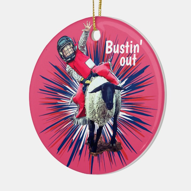 Western Rodeo Cowboy Cowgirl Mutton Busting Keramik Ornament (Links)