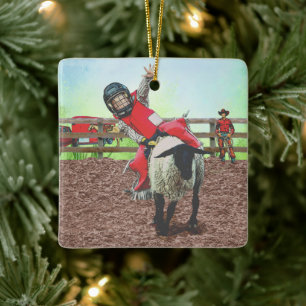 Western Rodeo Cowboy Cowgirl Mutton Busting Keramikornament