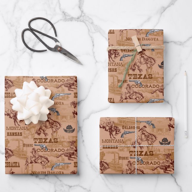 Western Rodeo Cowboy Cowhand 6 Shooter Geschenkpapier Set (Vorderseite)