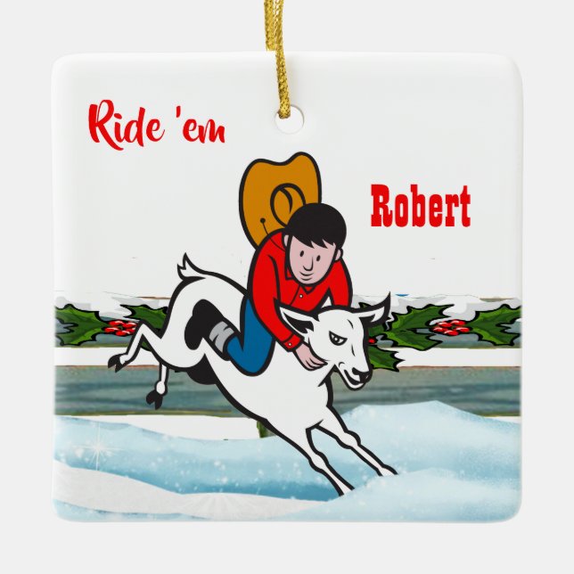 Western Rodeo Cowboy Kid Mutton Buster Keramikornament (Vorderseite)