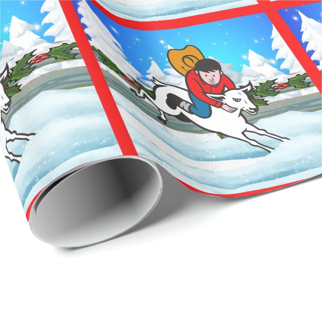 Western Rodeo Cowboy Kid Mutton Buster Snow Scene Geschenkpapier (Rolleneckpunkt)