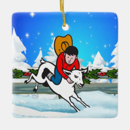 Western Rodeo Cowboy Kid Mutton Buster Snow Scene Keramikornament
