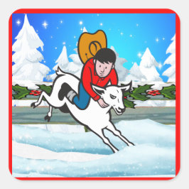 Western Rodeo Cowboy Kid Mutton Buster Snow Scene Quadratischer Aufkleber