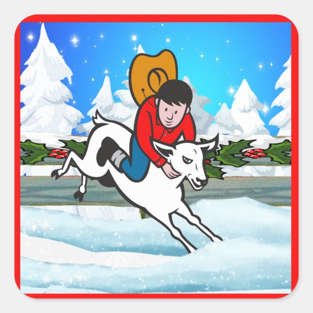 Western Rodeo Cowboy Kid Mutton Buster Snow Scene Quadratischer Aufkleber (Vorderseite)