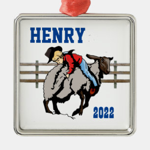 Western Rodeo Cowboy Kid Mutton Buster Weihnachten Ornament Aus Metall