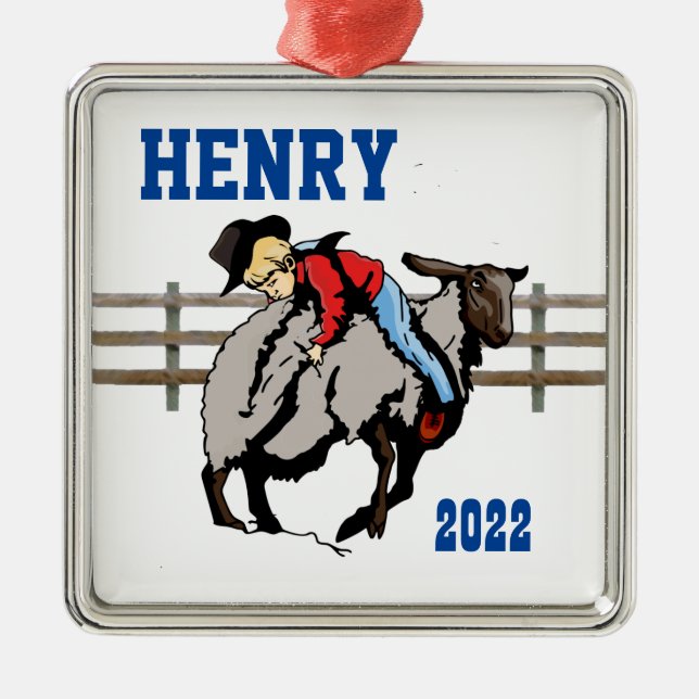 Western Rodeo Cowboy Kid Mutton Buster Weihnachten Ornament Aus Metall (Vorne)