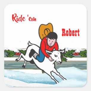 Western Rodeo Cowboy Kid Mutton Buster Weihnachten Quadratischer Aufkleber