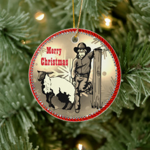 Western Rodeo Cowboy Mutton Buster Kid Keramik Ornament