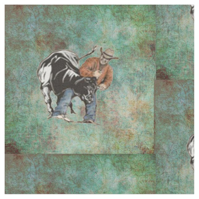 Western-Rodeo-Cowboy-Ochse-Wrestling-Druck-Gewebe Stoff (Nahaufnahme)